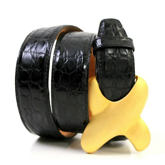Gail Labelle BLACK CROCO EMBOSSED LEATHER 1.25"Wd WOMEN'S DRESS BELT Sz M (R13 - Picture 1 of 11